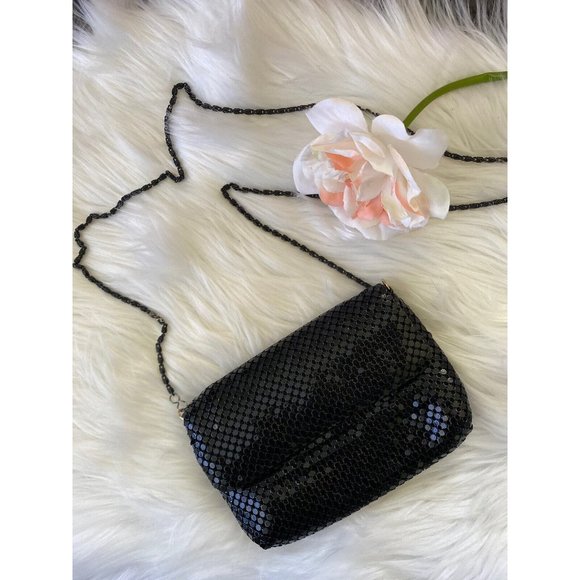 Vintage 60s Black Purse Metallic Mesh Crossbody Evening Bag Metal Strap 7" X 5" - Picture 12 of 12